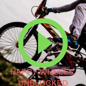 With in this photo you can see bike in the background with bright red text over it happy wheels unblocked, with green play button on top of the text