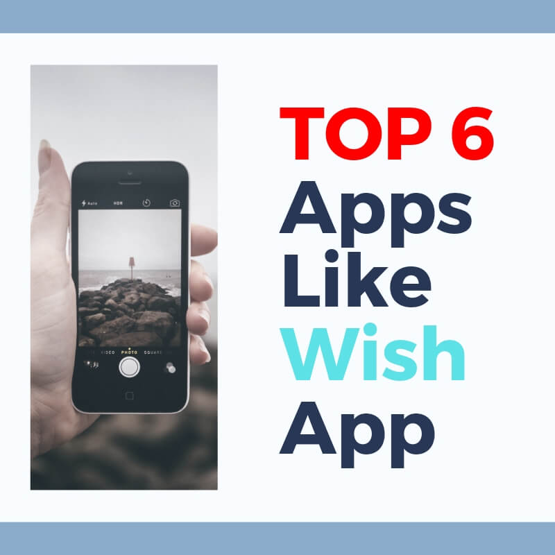 In this instagram size picture you can see apple phone and a hand. And next to this photo in this picture is colorful text: Top 6 apps like wish