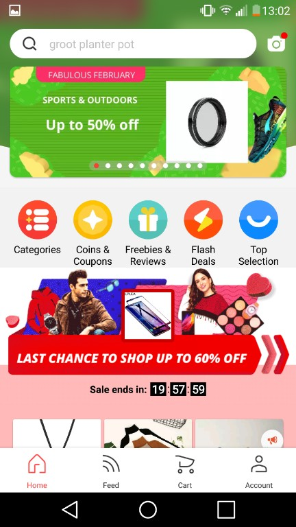 Screenshot of wish app alternative aliexpress app on adroid phone, showing the main screen of the application, where you can see categories, search button part of the app and daily sales categories.