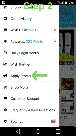 Step number 2 of how to apply wish promo codes, follow the green arrow and click on "Apply Promo" where the arrow is pointing