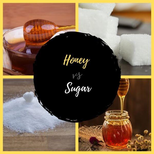 Honey vs Sugar is the text of this 600 by 600 image with yellow borders. There are four pictures on this image, two of honey and two of sugar and the text is in the middle of the image.